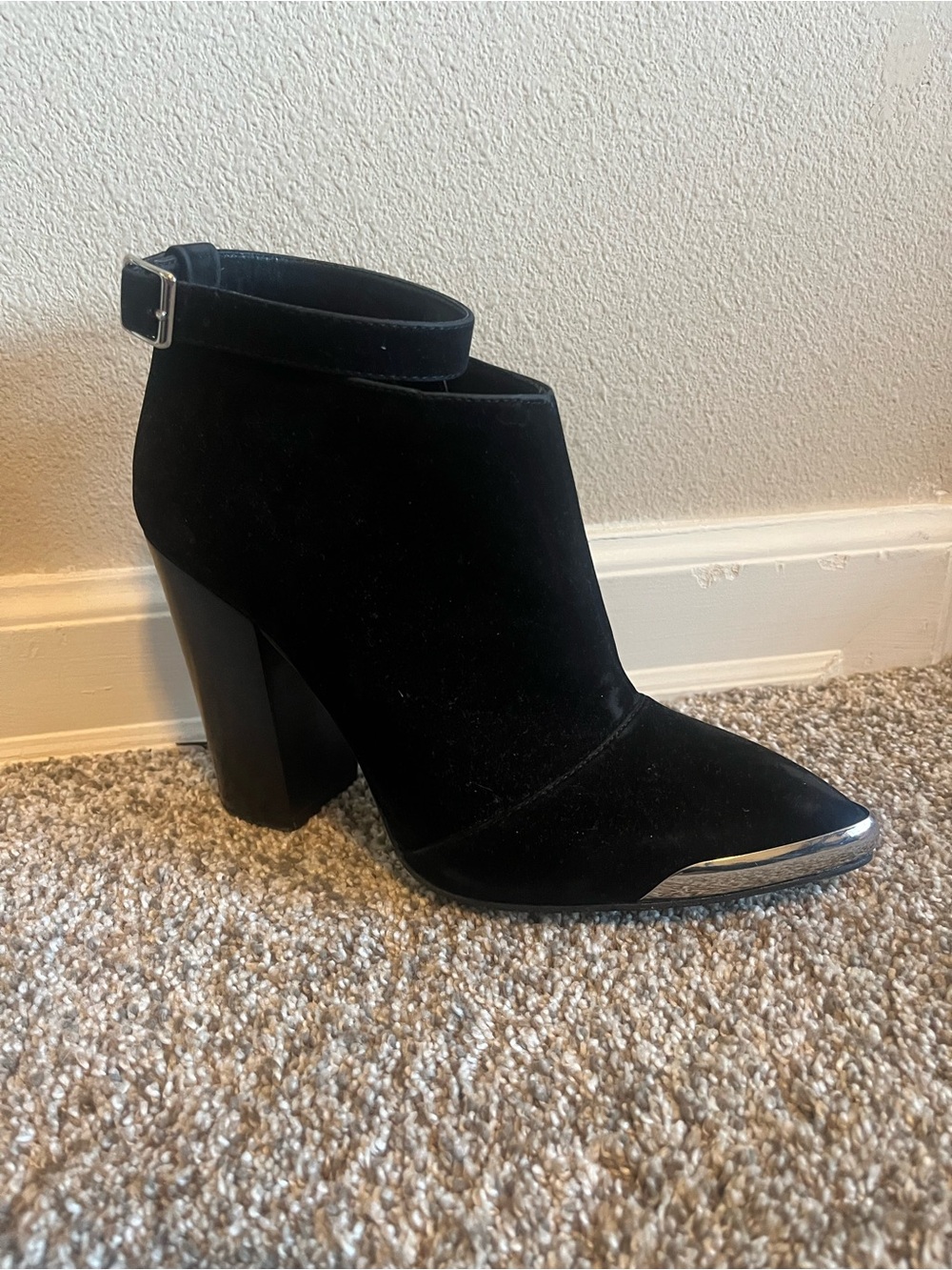 Chinese Laundry Elise Black Suede Ankle Boot with Silver Toe Cap